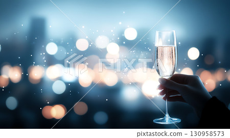 hand holding glass of champagne against blurred city background, celebrating 130958573