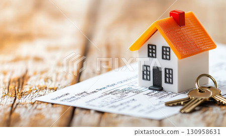 miniature house model with orange roof sits on property tax bill, accompanied by set of keys on wooden surface, symbolizing real estate and home ownership 130958631