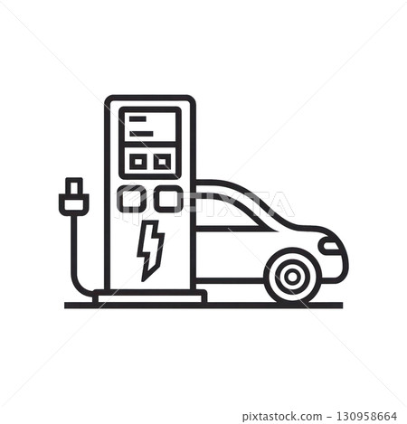 Minimal line icon of electric car charging station with vehicle, showcasing eco-friendly transportation concept. Isolated on transparent background. PNG, cutout 130958664