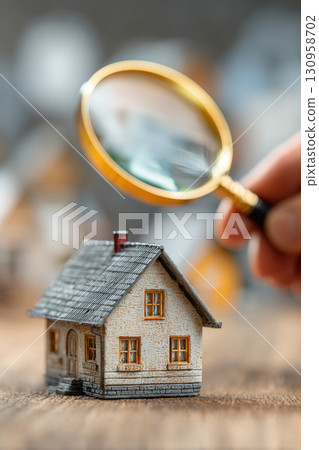 Magnifying glass focusing on small house model Magnifying glass focusing on small house model 130958702