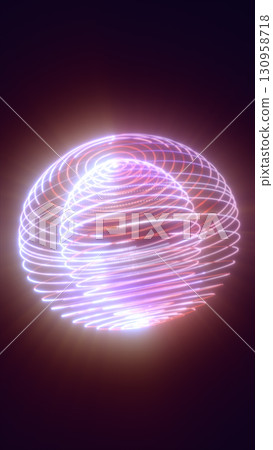 Futuristic glowing pink and purple neon sphere with spiral light trails 130958718