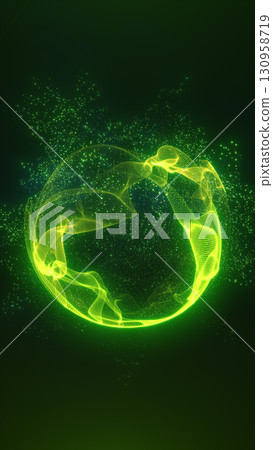 Glowing green energy sphere formed by dynamic mesh particles and radiant digital strands in a dark space 130958719