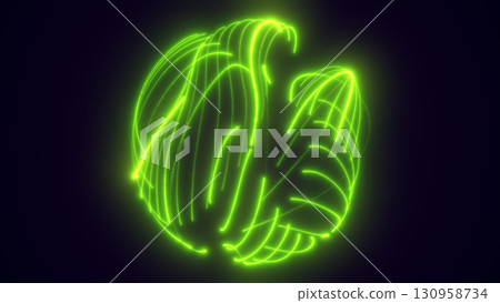 Abstract glowing green energy sphere with flowing neon light trails on a dark background Abstract glowing green energy sphere with flowing neon light trails on a dark background 130958734