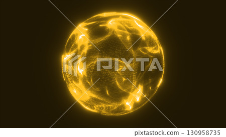 Futuristic glowing yellow sphere with particle energy waves, abstract radiant orb on dark backdrop Futuristic glowing yellow sphere with particle energy waves, abstract radiant orb on dark backdrop 130958735