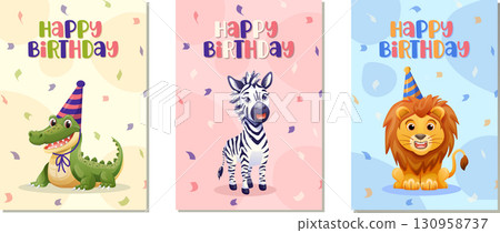 Set of birthday greeting cards with cute African animal characters Set of birthday greeting cards with cute African animal characters 130958737