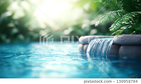 Landscape background serene waterfall flows into calm pool surrounded by lush greenery 130958784