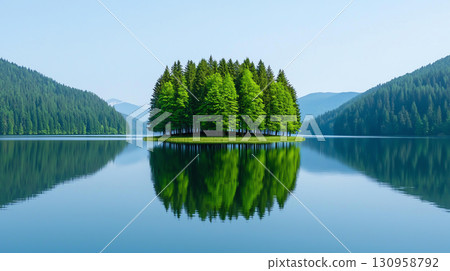Landscape background Lush green island surrounded by calm lake and mountains in background Landscape background Lush green island surrounded by calm lake and mountains in background 130958792
