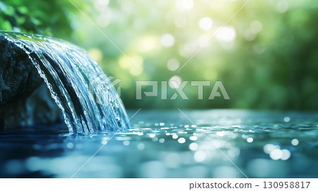 Landscape background serene waterfall cascading into tranquil pool, surrounded by lush greenery Landscape background serene waterfall cascading into tranquil pool, surrounded by lush greenery 130958817