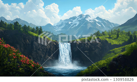 Landscape background powerful waterfall tumbles down rugged mountains, surrounded by lush greenery Landscape background powerful waterfall tumbles down rugged mountains, surrounded by lush greenery 130958826