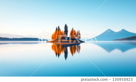 Landscape background serene lake with small island surrounded by autumn trees and mountains 130958923