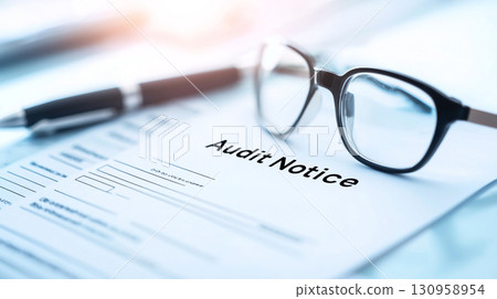 Audit notice document with glasses and pen on desk, conveying urgency 130958954