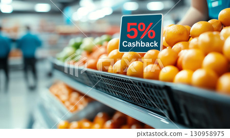 Fresh oranges on display with cashback sign in grocery store 130958975