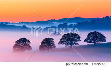Landscape background Misty valley at dawn with silhouetted trees and colorful sky 130959008