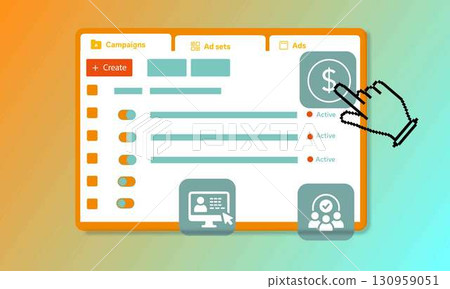 Ads Manager dashboard illustration. Digital marketing campaign interface. Pay per click advertising platform vector. Ads Manager dashboard illustration. Digital marketing campaign interface. Pay per click advertising platform vector. 130959051