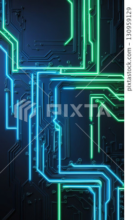 Abstract circuit board with glowing neon pathways and blue gradient artificial intelligence 130959129
