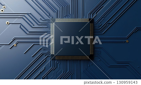Circuit board design with deep blue gradients and AI microchip center 130959143