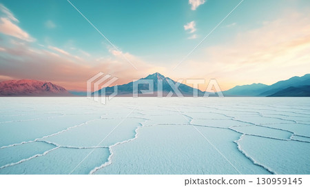 Landscape background Endless salt flats in desert with solitary mountain under colorful sky. serene landscape evokes sense of tranquility and vastness 130959145