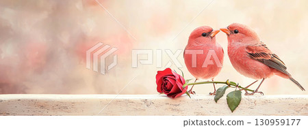 Two lovebirds perched closely together, sharing tender moment next to single red rose on soft, dreamy background 130959177