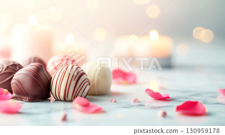 Luxurious assortment of chocolate truffles on marble surface, surrounded by soft candlelight and scattered rose petals, creating romantic and indulgent atmosphere 130959178