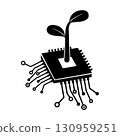 Eco Technology Concept Microchip with Growing Plant Silhouette. 130959251