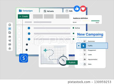 Ad Campaign Management Dashboard Digital Marketing Traffic and Sales Strategy Vector Illustration 130959253