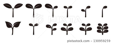 Seedling Icon Set New Sprout Silhouettes symbolizing new growth, agriculture, gardening, and ecological sustainability 130959259