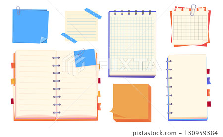 Notes pages reminder. Bulletin paper, lined list set, notebook office or school blank notebook for homework and exercises. Sticky stickers reminders, notebook clippings, stationery, planner, Notes pages reminder. Bulletin paper, lined list set, notebook office or school blank notebook for homework and exercises. Sticky stickers reminders, notebook clippings, stationery, planner, 130959384