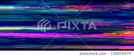 Glitch pixel background with cyberpunk screen effects and digital noise patterns. Retro VHS static overlay and neon error lines for gamer designs. Futuristic 80s retrowave aesthetic vaporwave. 130959474