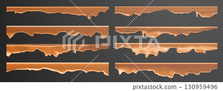 Dripping caramel featuring honey drops and realistic liquid effects. Golden syrup swirls with sticky toffee for food designs. Transparent 3D vectors or gooey patterns for packaging. 130959496