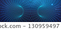 Wormhole data tunnel with 3D cyber texture and futuristic digital vortex. Abstract wireframe portal or time warp effect for tech background. AI powered grid transition or light speed pipe. 130959497