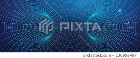 Wormhole data tunnel with 3D cyber texture and futuristic digital vortex. Abstract wireframe portal or time warp effect for tech background. AI powered grid transition or light speed pipe. Wormhole data tunnel with 3D cyber texture and futuristic digital vortex. Abstract wireframe portal or time warp effect for tech background. AI powered grid transition or light speed pipe. 130959497