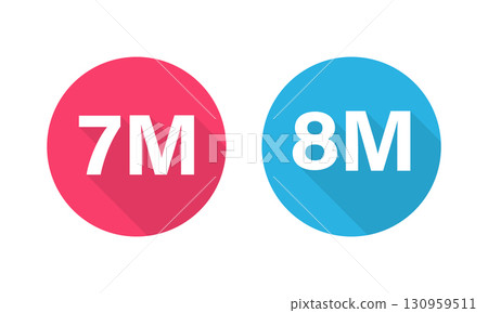 7M and 8M Circular Icons Displaying in Red and Blue with Long Shadow. 7M and 8M Circular Icons Displaying in Red and Blue with Long Shadow. 130959511