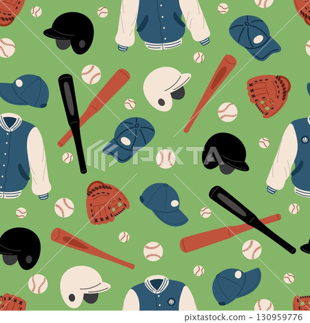Baseball seamless pattern. Sport bat and ball. Uniform helmet. Sportswear for playing game. Repeated print. Championship league. Pitchers softball. Sportsman cap. Vector background 130959776