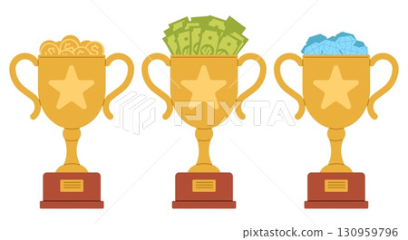 Golden trophy cups with gold coins, paper money and precious stones. Benefit and bonus of victory. Finance banknotes and gemstones. Financial profit. Reward star goblet. Vector awards set 130959796