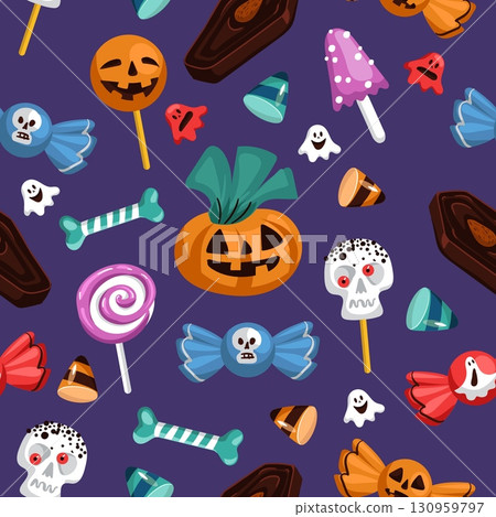 Halloween sweets seamless pattern. Trick or treat candies. Monster shaped lollipop and bonbon. Repeated print. Sugar skull. October holiday fun. Bone and ghost jelly. Vector background 130959797
