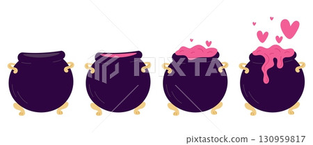 Metal cauldron with magic spell potion. Stages of preparation of love elixir. Fantasy pot with toxic smoke. Aphrodisiac essence drink. Witchcraft and alchemy boiler. Vector magical set 130959817