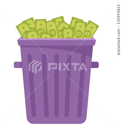 Money paper bills in trash. Economy recession. Finance value. Currency heap in dustbin. Garbage container. Dollar devaluation. Vector concept of inflation and financial depreciation Money paper bills in trash. Economy recession. Finance value. Currency heap in dustbin. Garbage container. Dollar devaluation. Vector concept of inflation and financial depreciation 130959822