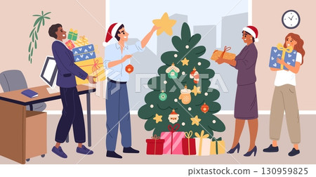 Office employees decorate Christmas tree with toys and gifts. Colleagues celebrating Christmas or New Year at work. Man putting star on fir. Woman carrying Xmas presents. Vector concept 130959825