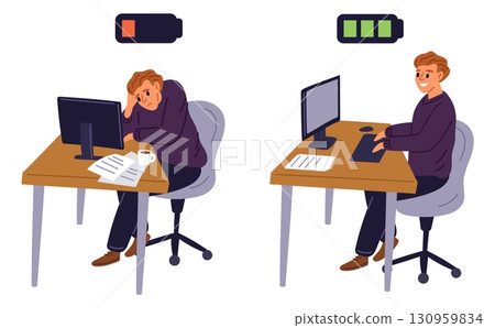 Tired or energetic worker. Exhausted sleepy man and active young manager. Full and low battery charge. Businessman working on computer in office. Accumulator energy. Vector concept Tired or energetic worker. Exhausted sleepy man and active young manager. Full and low battery charge. Businessman working on computer in office. Accumulator energy. Vector concept 130959834