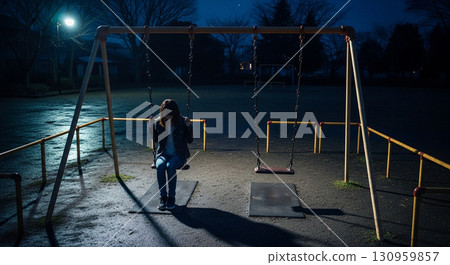 晚上，一名年輕女子在公園裡悲傷地盪鞦韆 130959857