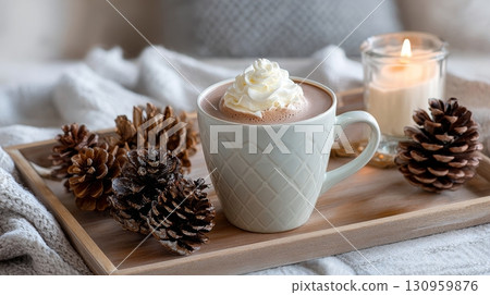 Cozy winter scene with hot chocolate, pine cones, and candlelight on tray. 130959876