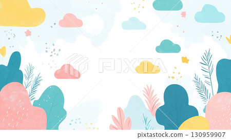 Pastel cloud and plant hand-drawn illustration frame Pastel cloud and plant hand-drawn illustration frame 130959907