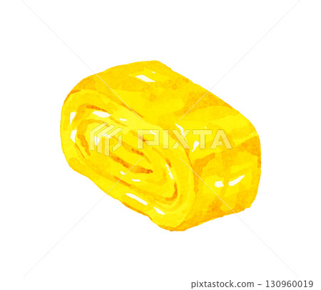 A slice of tamagoyaki egg dish, hand-drawn watercolor illustration 130960019