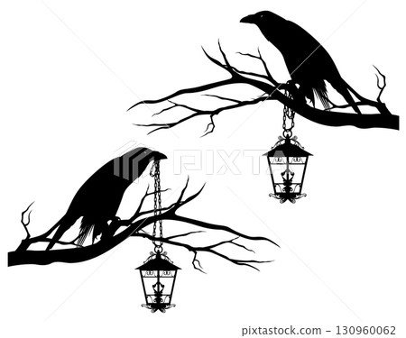 mysterious raven birds sitting on bare tree branches holding antique lamps halloween vector design set 130960062