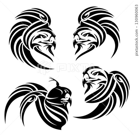 wild eagle with tribal wing and hunting falcon bird wearing hood black vector head design 130960063