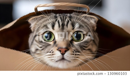 A close-up shot of a gray tabby cat with big green eyes, looking out from inside a brown paper bag. The cat's face is centered, creating a playful and curious scene. A close-up shot of a gray tabby cat with big green eyes, looking out from inside a brown paper bag. The cat's face is centered, creating a playful and curious scene. 130960103