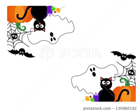 vector Illustration halloween frame square rectangle border background with ghost, Black cat, lollipop, pumpkin, bat, spider, web and potion vector Illustration halloween frame square rectangle border background with ghost, Black cat, lollipop, pumpkin, bat, spider, web and potion 130960192