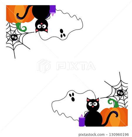 Vector Halloween frame square template for social media with transparent background. Ghosts, pumpkins scary, bat, candies, black cat. spider. Halloween banner. Vector Halloween frame square template for social media with transparent background. Ghosts, pumpkins scary, bat, candies, black cat. spider. Halloween banner. 130960196