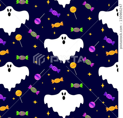 Vector Halloween seamless pattern with ghost, candy and lolipop. Cute holiday repeated texture. Childish hand drawn background with cartoon characters Vector Halloween seamless pattern with ghost, candy and lolipop. Cute holiday repeated texture. Childish hand drawn background with cartoon characters 130960247