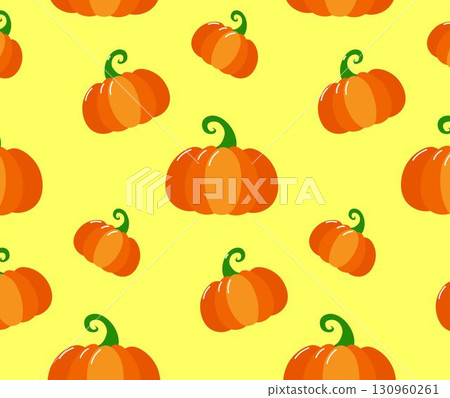 Cosy autumn pumpkins pattern on yellow background. Orange cartoon pumpkins. Cute design for wrappin, decoration, home decor, kids textile Cosy autumn pumpkins pattern on yellow background. Orange cartoon pumpkins. Cute design for wrappin, decoration, home decor, kids textile 130960261
